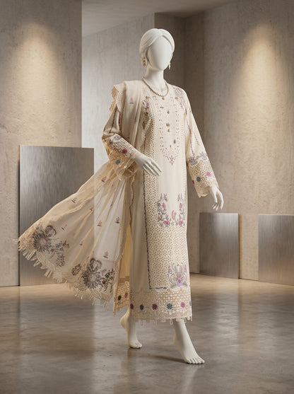 Summer Lawn Collection 2026 | Premium Chicken Karri Embroidered 3-Piece Lawn Suit with Embroidered Organza Dupatta