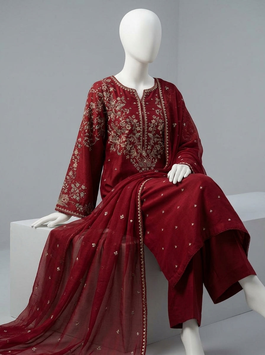 Luxury Airjet Lawn 3-Piece Heavy Embroidered Suit with Bamber Chiffon Ready-to-Wear Dupatta | Best Quality