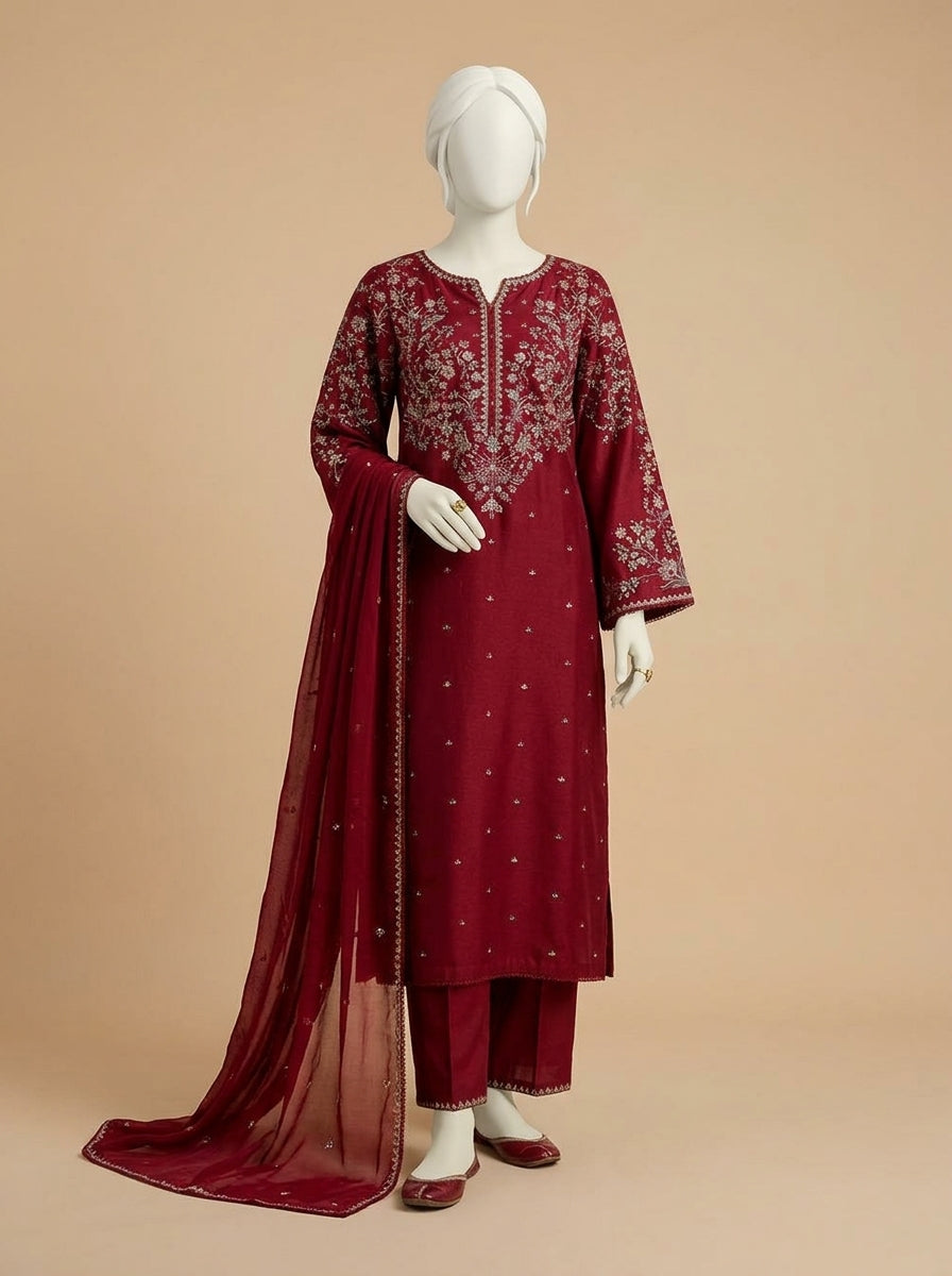 Luxury Airjet Lawn 3-Piece Heavy Embroidered Suit with Bamber Chiffon Ready-to-Wear Dupatta | Best Quality