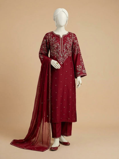 Luxury Airjet Lawn 3-Piece Heavy Embroidered Suit with Bamber Chiffon Ready-to-Wear Dupatta | Best Quality