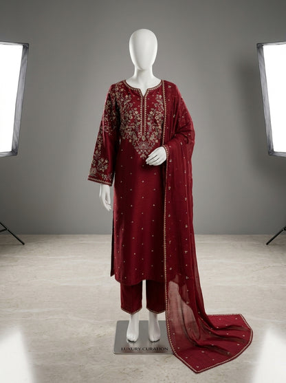 Luxury Airjet Lawn 3-Piece Heavy Embroidered Suit with Bamber Chiffon Ready-to-Wear Dupatta | Best Quality