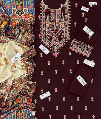 Premium Dhanak 3-Piece Embroidered Suit with Digital Printed Shawl | Winter Collection 2025