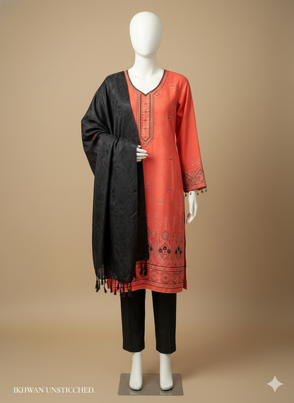IKHWAN Unstitched Dhanak 3-Piece – Coral & Black Contrast Embroidered Suit with Shawl