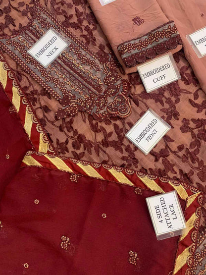 Luxury Chiffon Elegance – 3-Piece Embroidered Suit with Silk Trouser & 4-Side Lace Dupatta | Ikhwan New Arrivals – November Drop 1