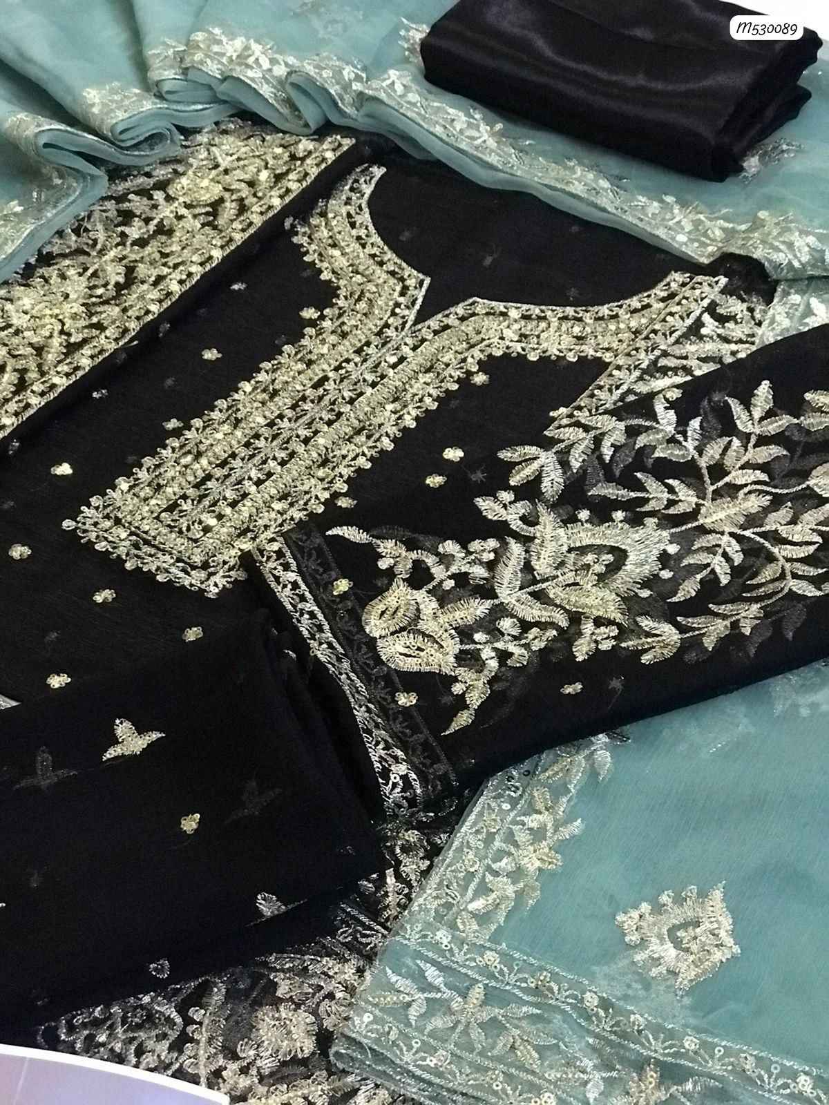 Luxury Embroidered Chiffon 3-Piece Unstitched Suit with Silk Trouser & 4-Side Border Dupatta | Ikhwan New Arrivals – November Drop 1