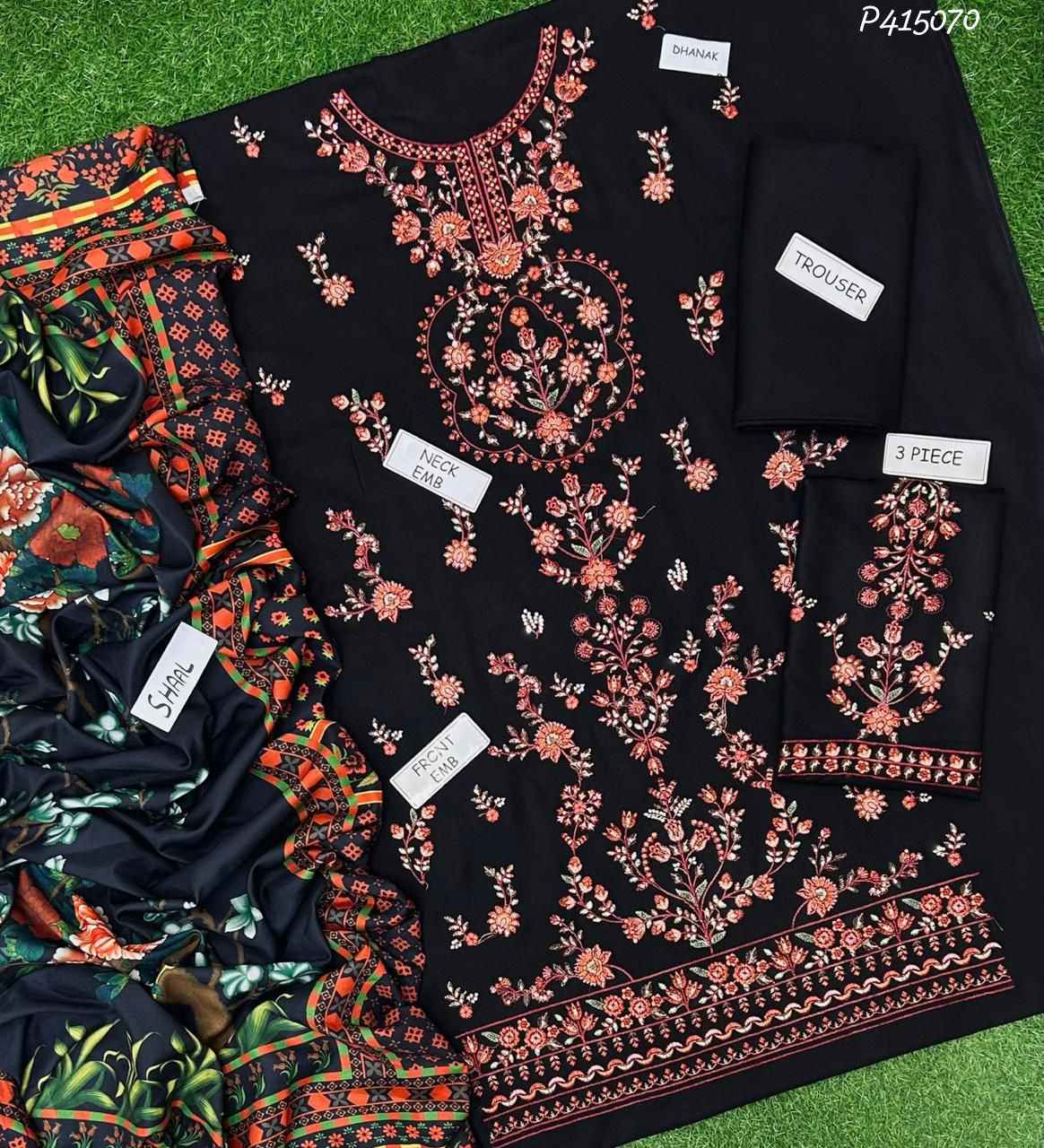 Dhanak Hit Codes | Premium Heavy Embroidered 3-Piece Dhanak Suit with Digital Printed Shawl (Ikhwan New Arrivals – November Drop 1)