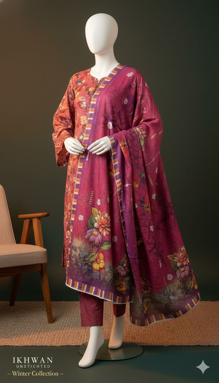 Khaadi Linen 3-Piece Suit – Pink Blossom (Winter Edition)