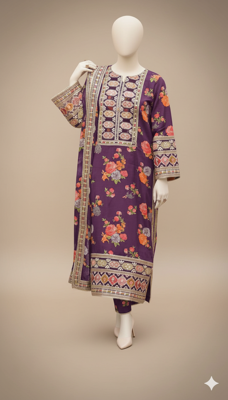 Premium Digital Printed Shamoz Silk 3-Piece Suit with Heavy Embroidery & Cutwork Dupatta | Ikhwan New Arrivals – November Drop 1