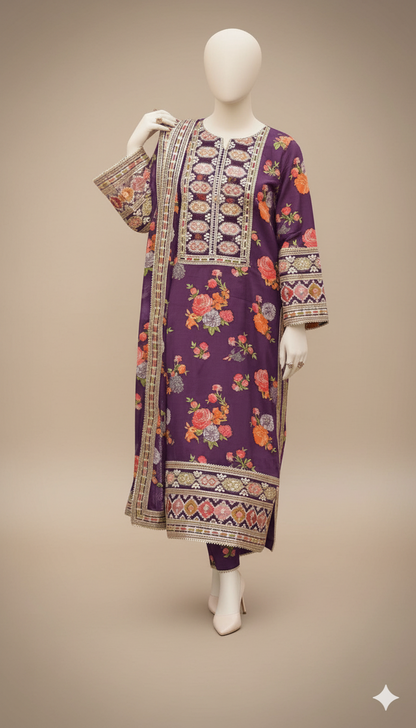 Premium Digital Printed Shamoz Silk 3-Piece Suit with Heavy Embroidery & Cutwork Dupatta | Ikhwan New Arrivals – November Drop 1