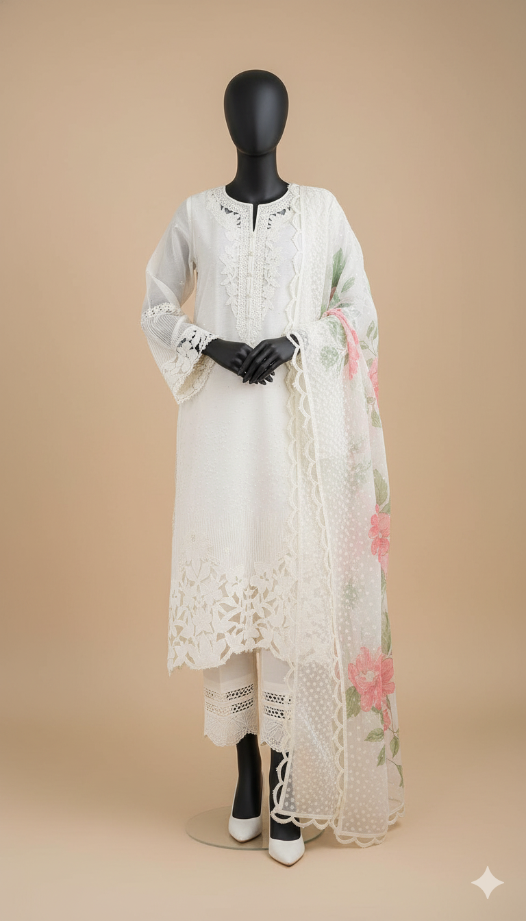 Ikhwan Replica – Baroque Chantelle Organza 3-Piece Embroidered Suit with Cutwork Borders & Silk Trouser | Luxury Collection 2025