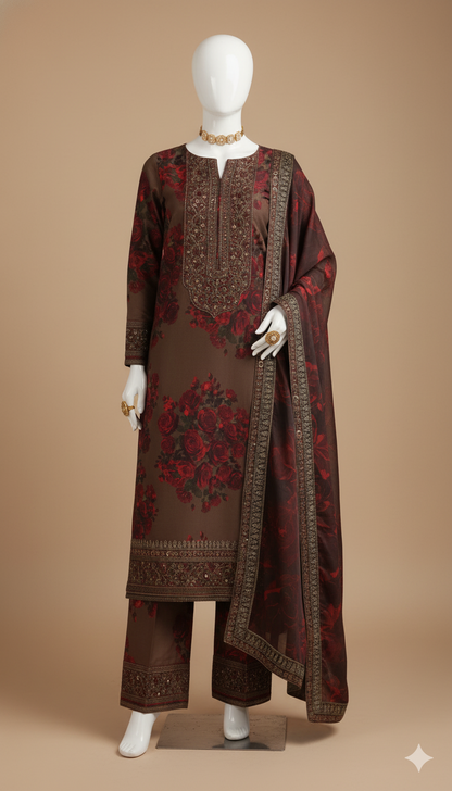 Luxury Shamoz Silk 3-Piece Embroidered & Digital Printed Suit with 4-Side Dupatta Pati | Ikhwan New Arrivals – November Drop 1