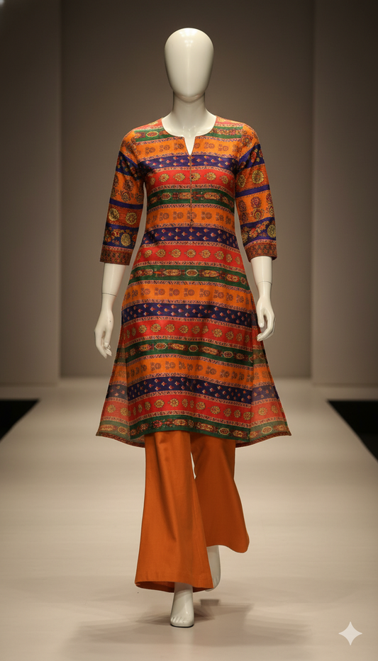 2-Piece Dark Orange Khaddar Suit – Warm Autumn Glow | Digital Printed Shirt with Plain Trouser