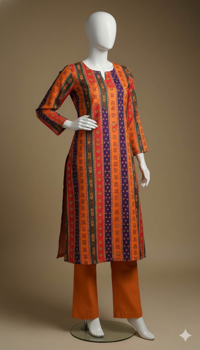 2-Piece Dark Orange Khaddar Suit – Warm Autumn Glow | Digital Printed Shirt with Plain Trouser