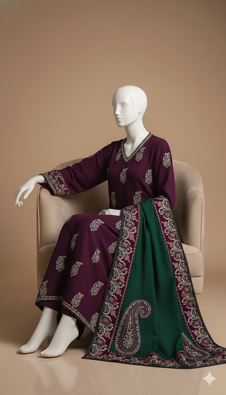 Luxury Dhanak 3-Piece Suit with Embroidered Dhanak Shawl | Ikhwan Winter Collection New Arrivals – November Drop 1