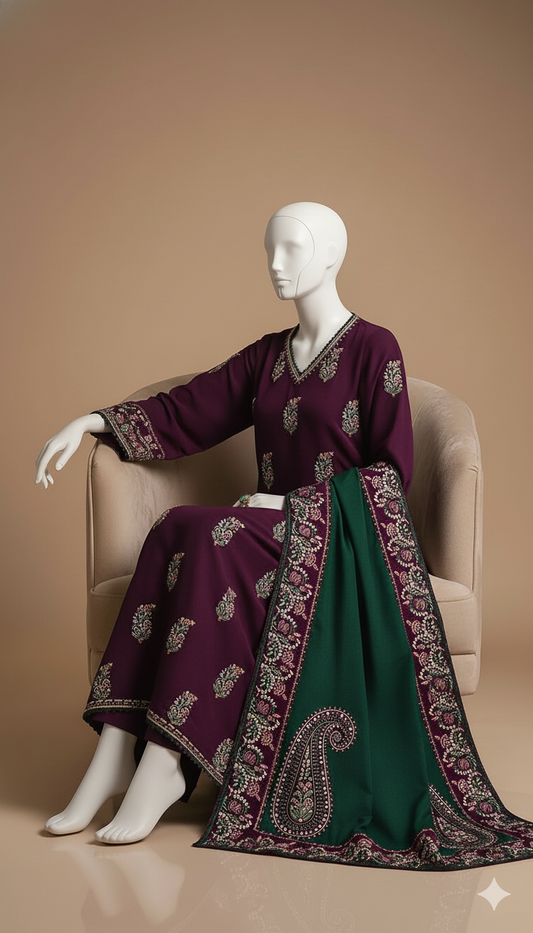 Luxury Dhanak 3-Piece Suit with Embroidered Dhanak Shawl | Ikhwan Winter Collection New Arrivals – November Drop 1